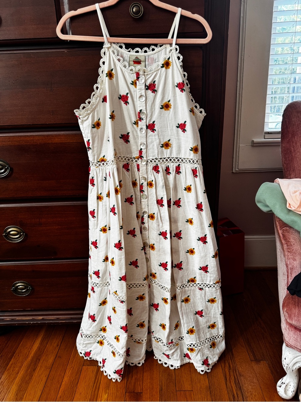 FARM Rio Embroidered Floral Sunflower & Rose Button-Front Dress